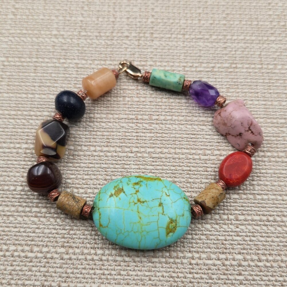 9.5 Inch Sterling Silver Turquoise Coral Amethyst Stones Bracelet B876